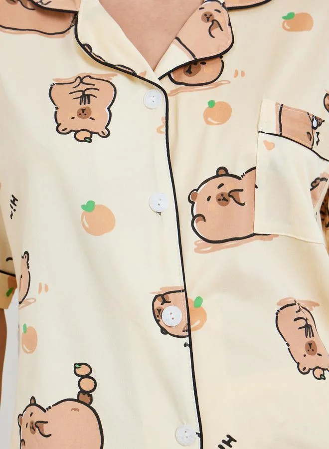 ستايلي طقم بيجاما من 3 بلوزة وشورت وبنطال بطبعة جرافيك